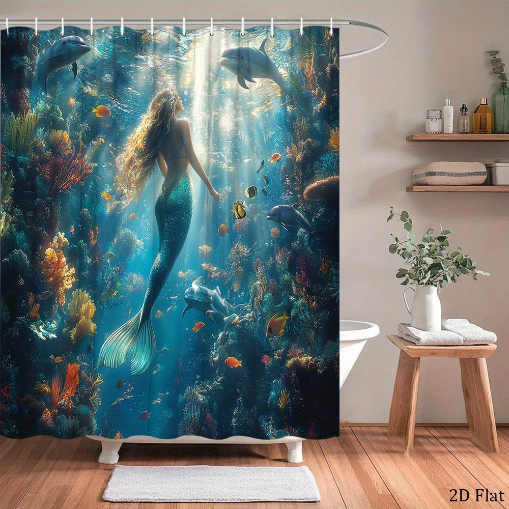 Rideau de douche Sirène Scène Océanique Sous-marine Dauphins Poissons Récif Corallien Art Décor Fantaisie Tissu Imperméable Ensemble Rideau de Bain Maison