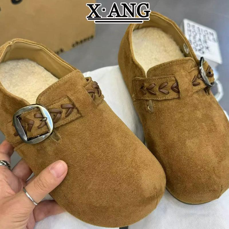 Leather all-inclusive children's inner height-increasing women's shoes autumn and winter new one-pedal plush cotton shoes