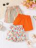 3 stuks meisjes shorts met bloemen- en streepjesprint, geschikt voor dagelijkse uitjes in lente/zomer, kunnen als cadeaus worden gebruikt