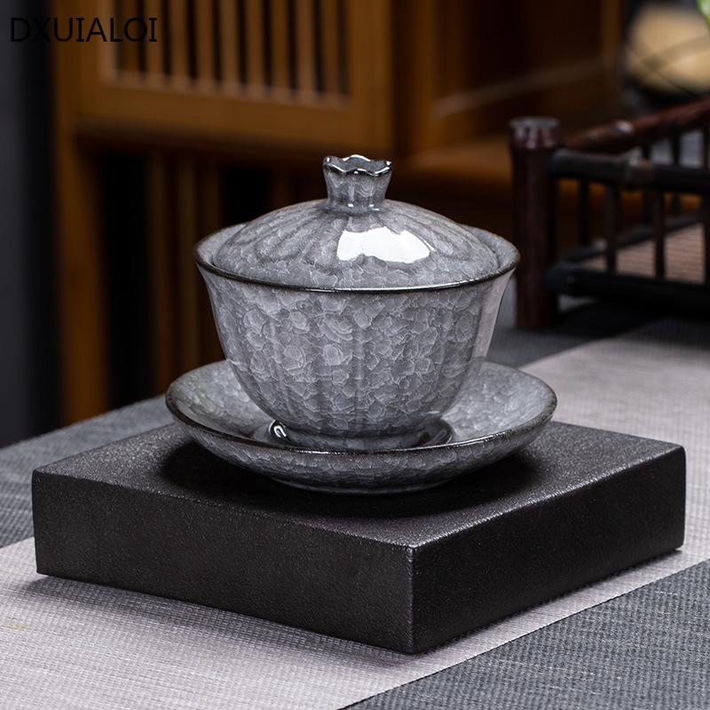 Ceramic Sancai Cover Bowl Teacup Ice Crack Ceramic Kungfu Tea Set Tea Bowl Gaiwan Tea Set Gift 200ml
