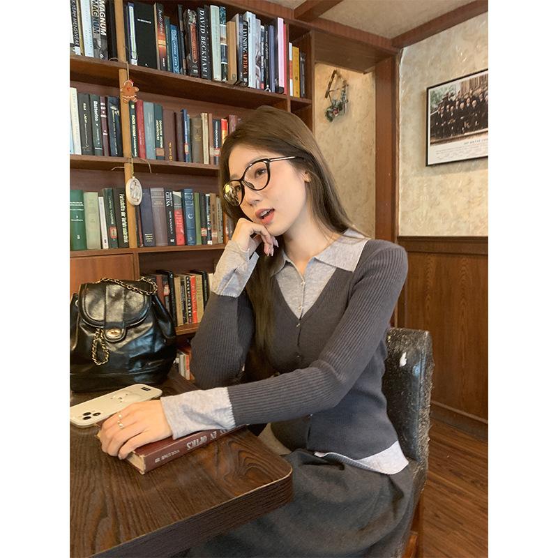 Fake Two-piece Patchwork Polo Lapel Knit Women's Bottom Shirt with A Unique Design Slim Top In Autumn and Winter