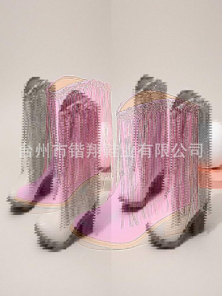 Women's Boots Tassels Square Heel Velvet Ankle Boot Sequin Fashion Women Silver Gold Pink Pointed Toe Mid-calf Boots Size 31-35