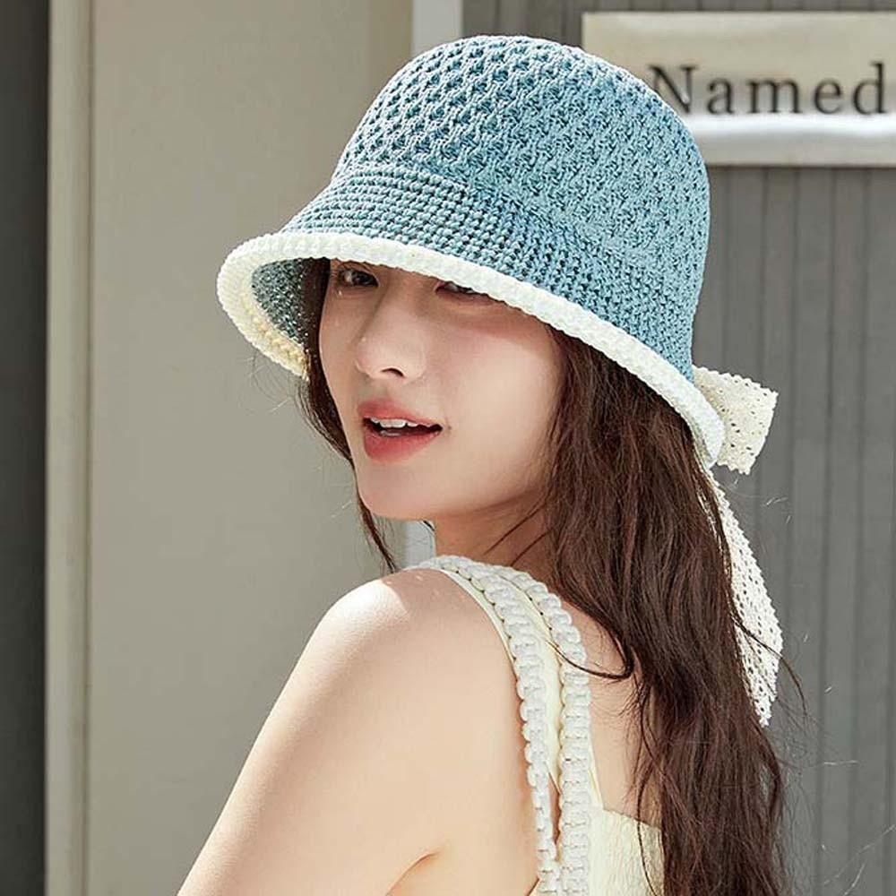 Breathable Sunshade Basin Cap Hollow Out Bow Fisherman Hat Visor Cap Knitted Bucket Hat  Daily