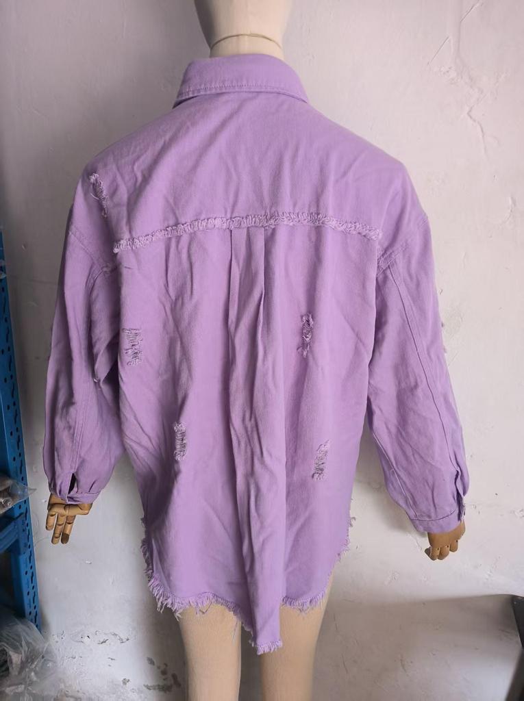 Damen Jeansjacke in Unifarbe, mittellang, mit langen Ärmeln und Rissen - Europäischer und Amerikanischer Stil