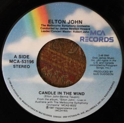 7inch Record ELTON JOHN - Candle In The Wind MCA53196 MCA Records 1987 Canada Rock Used