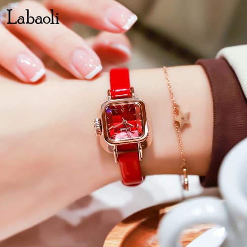 Women's Square Wristwatch, Small, Stylish, Waterproof, Leather Strap, Simple, Cute, Casual, Red, Perfect Gift for High School Students