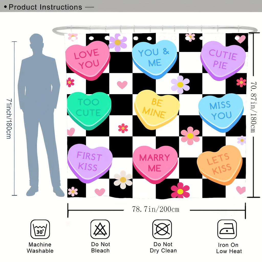 Valentine'S Day Candy Heart Shower Curtain Checkerboard Pattern With Love Messages Waterproof Polyester Bath Curtain With Hooks
