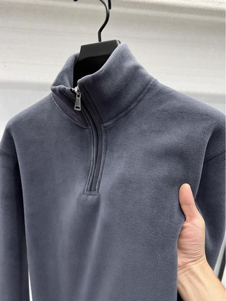 Herren Uni-Farbe Stehkragen Fleece Hoodie, Herbst/Winter 2025 Warm Langarm Halbreißverschluss Oberteil
