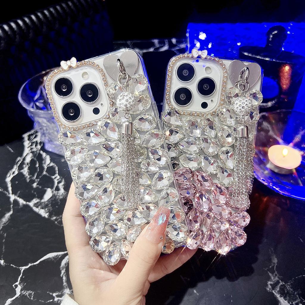 For iPhone 16 Pro Case with Tassel Glass Rhinestone Decor TPU Phone Back Cover