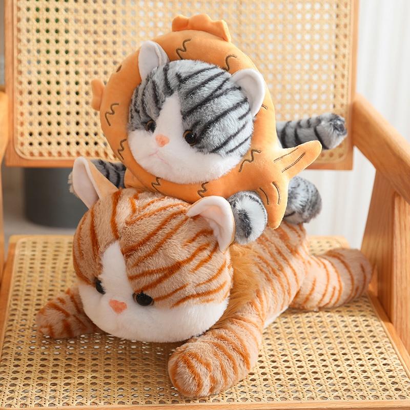 Non-Toxic Like Real Cat Doll Lying Plush Animal Toy Orange Grey Cat With Fish Bread Stuffed Peluche Decoration Gift