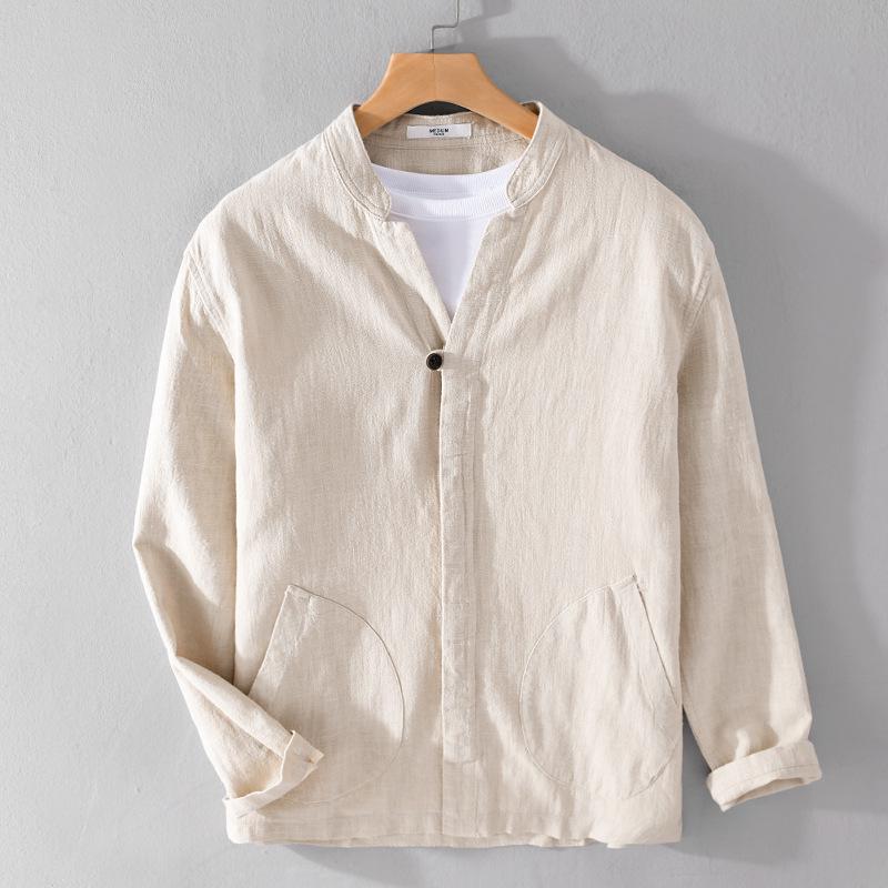 Men's Ramie Linen Stand Collar Shirt - Spring/Summer Casual, Loose Fit, National Style