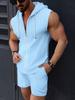 Men's Summer Hooded Two-Piece Set, Zip-Up T-Shirt Vest and Plaid Shorts Casual Outfit, Sleeveless Sportswear Tracksuit