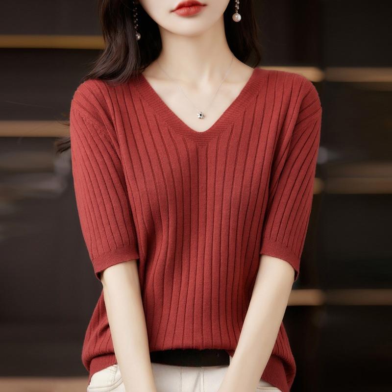 Women's Sweater Spring Summer Short Sleeve V-neck Knit Shirt Casual Korean Pullovers Stripe Bottoming Shirt Slim Fit Jumpers