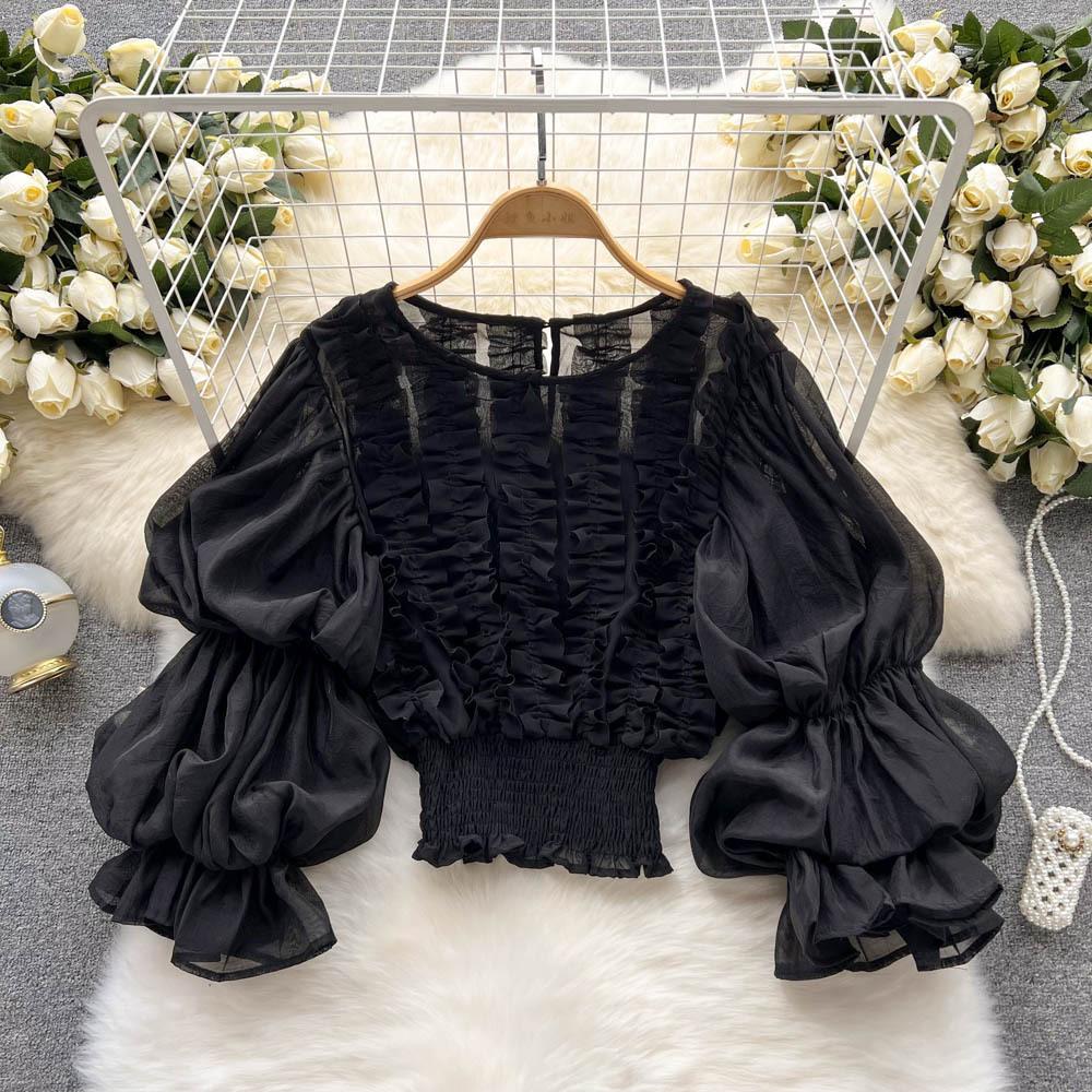 

Женская рубашка с кружевом Wooden Ear и рукавами-фонариками, короткая блузка с завышенной талией One size чёрный