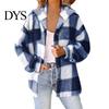 Women Jacket Lady Winter Coat Plush Lined Flannel Conrast Color Plaid Print Design Outerwear Hooded Single-breasted Thick Loose Long Sleeves Casual