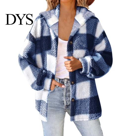 Women Jacket Lady Winter Coat Plush Lined Flannel Conrast Color Plaid Print Design Outerwear Hooded Single-breasted Thick Loose Long Sleeves Casual