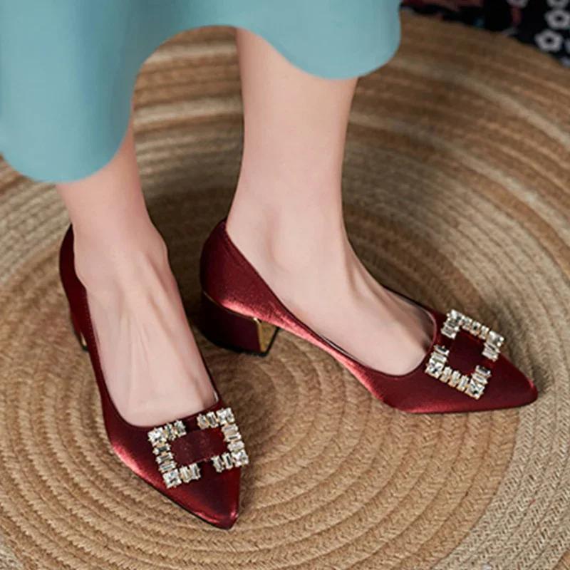 Fashion Luxury Square Rhinestone Women's Wedding Shoes Spring Silk Pointed Toe Pumps Woman Party Dress Shoes Thick High Heels