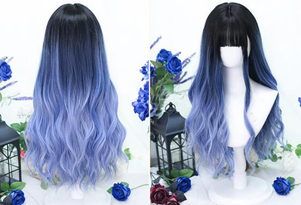 Lolita Wig, GAL Style, Semi-long Wig, Perm, Harajuku Style, Dreamy, Dark, Cute, Cosplay, Party, Lolita Style, Everyday Wig, Black, Blue, Gradient Wig