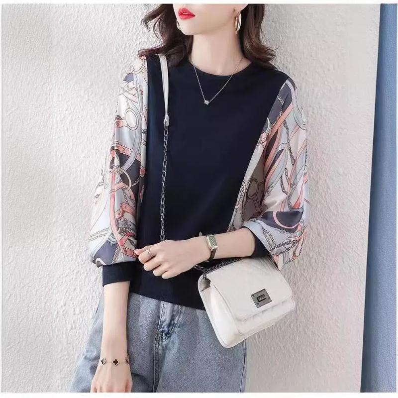 

Женские принтованные толстовки, весенние модные топы, большой свободный круглый вырез, сращивание, элегантный универсальный пуловер XXXL темно-синий