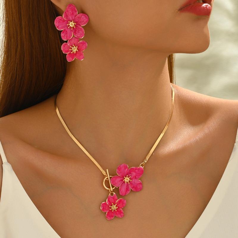 New Chinese-style National Trend Large Flower Necklace  Elegant Spray-painted Flower Pendant Jewelry Set