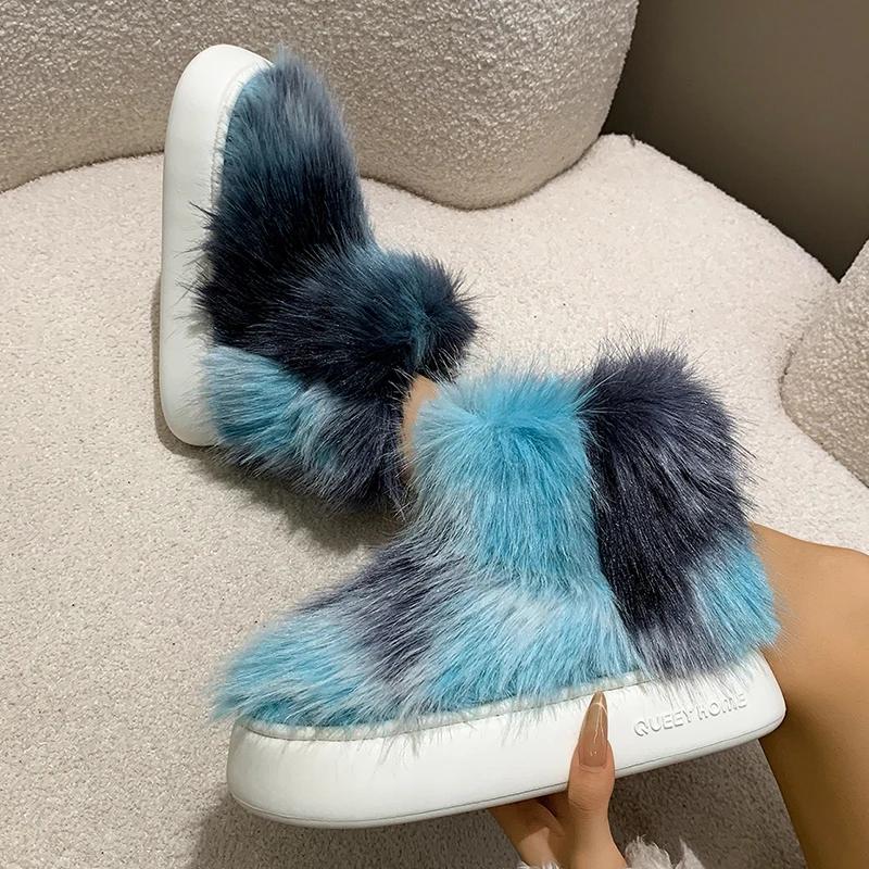 Fashion Tie Dye Fluffy Fur Boots Women Winter Plush Warm Snow Boots Woman Street Style Thick Sole Non Slip Cotton Padded Shoes