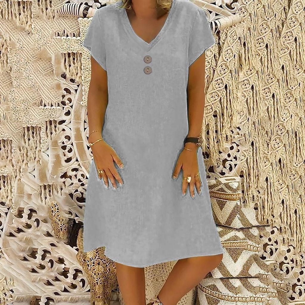 Women's Fashionable Retro V-Neck Short-Sleeve Casual Cotton-Linen Dress