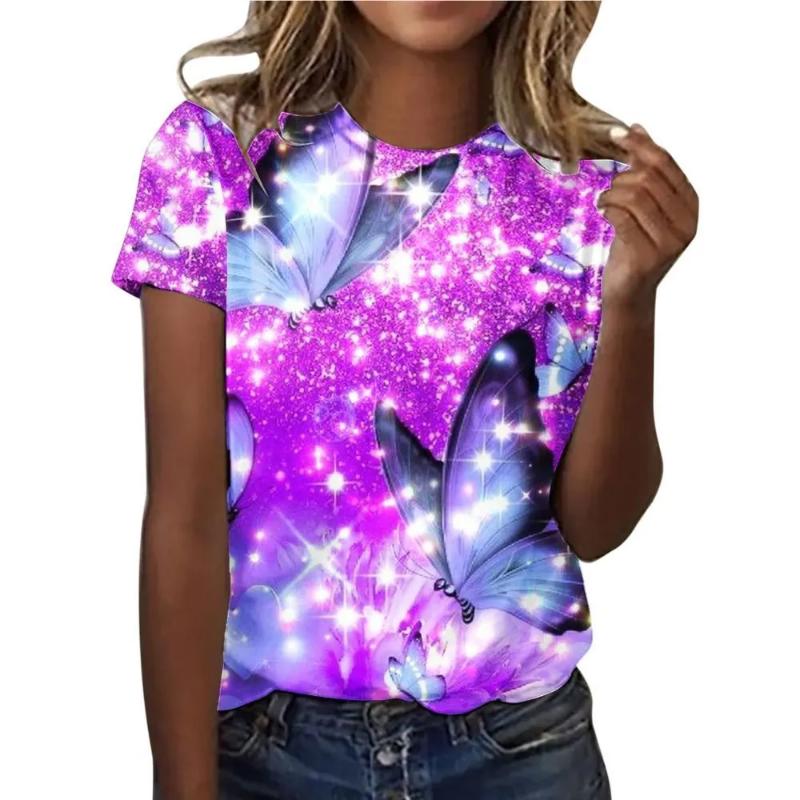 Modisches Damen Rundhals-T-Shirt Rundhals Kurzarm 3D Farbdruck