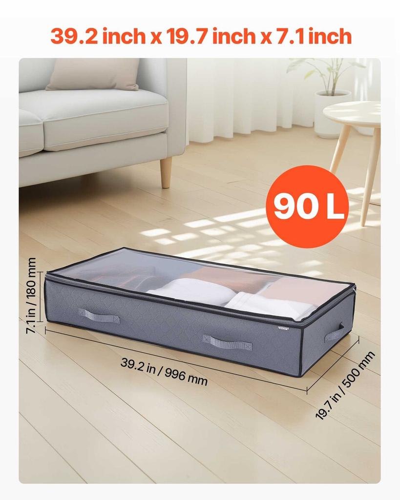 Under Bed Storage with Clear Lids, 996 X 500 X 180 Mm, 90L Large Underbed Clothes Storage Containers, Low Profile Under Bed Drawer Shoe Organizer Bins