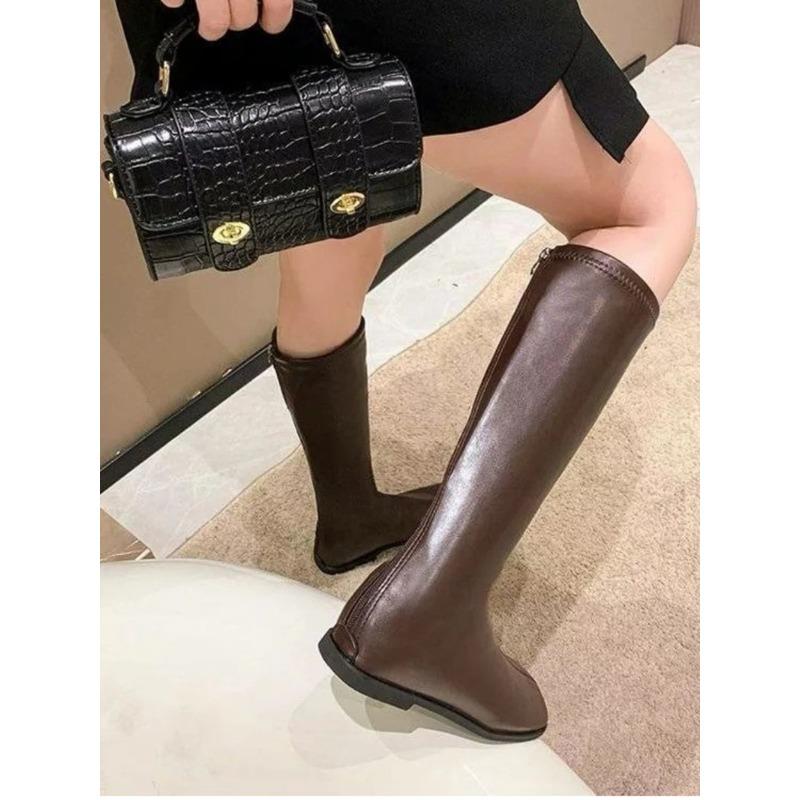 Fashion Street Style Stretch Women Knee High Boots Fashion Elegant Square Toe Shoes Women's Modern Flats Long Booties