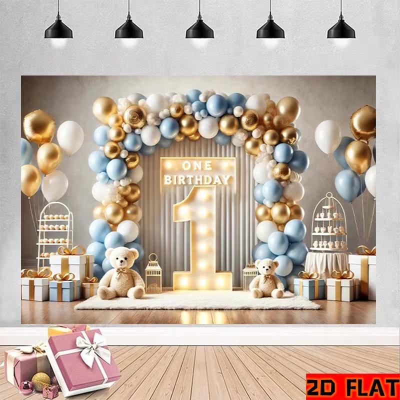 2D Neutral Blue Gold First Birthday Backdrop Banner Baby Boy Happy Birthday Party Decor Background