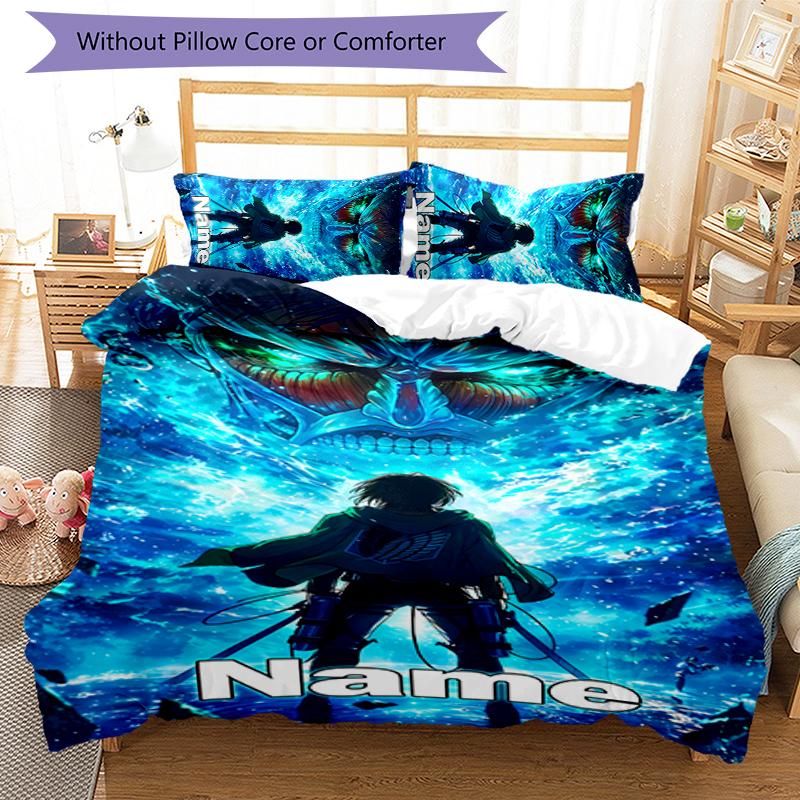 3pcs Custom Name Attack on Titan Bedding Set Duvet Cover Closure Includes 1 Duvet Cover & 2 Pillowcases for All Seasons Bedroom Decor
