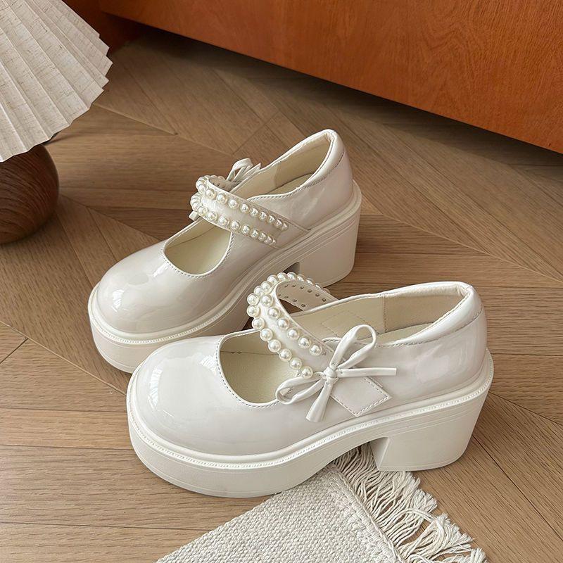 2025 Spring New Thick-soled Mary Jane Small Leather Shoes Women's Versatile Skirt French Retro Round Head Pearl Single Shoes