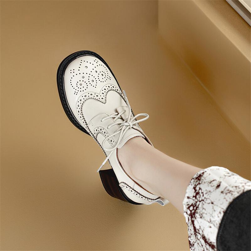 Fashion New Spring Genuine Leather Women Shoes Round Toe Women Pumps Shoes for Women Zapatos Mujer Brogue Designs Lace Up High Heels