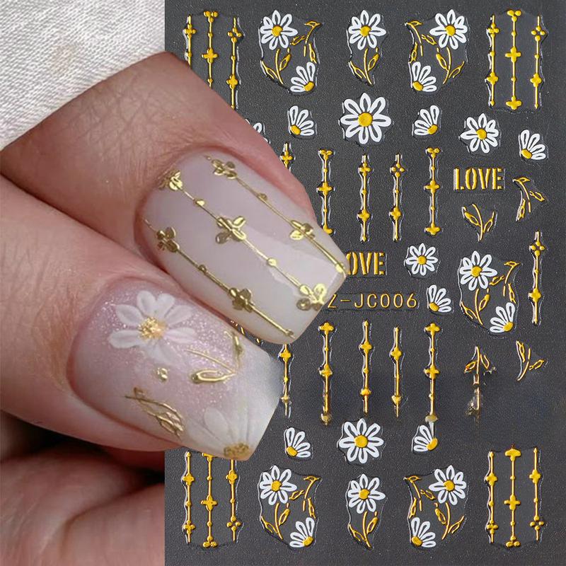 3D Pink Gold Flower Nail Stickers Metallic Gold Line Floral Petals Sakura Sliders Decals Spring Elegant DIY Manicure Decoration