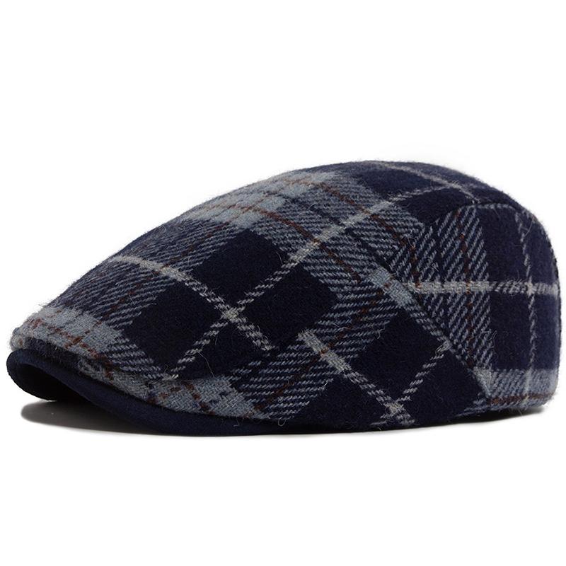 

Mens Womens Beret Hat Winter Warm Plaid Flat Cap with Brim Unisex Retro British Style Baker Boy Cap for Women 55-60cm темно-синий