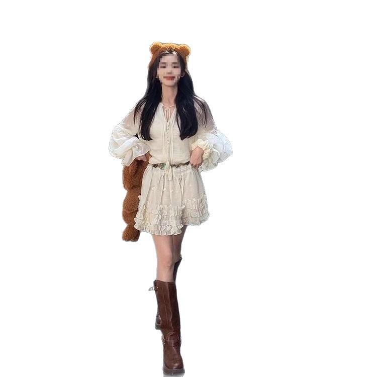 Spring Knit Long Sleeve Lantern Sleeve Short Dress With V Neck For Casual And Travel
