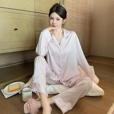 Pyjamas für Damen Frühling und Herbst Eisseide Langärmlig Erdbeer-Jacquard Niedlich Schlicht Lässig Süß und Niedlich Homewear