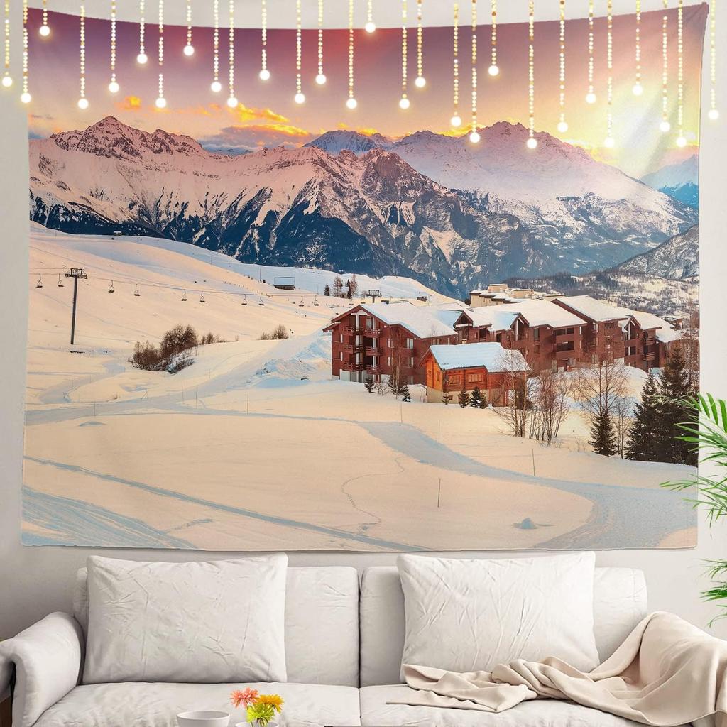 White Winter Snow Wall Tapestry, Colorful Three Wall Hanging Large Tapestry Decoration Polyester Fiber White Hem Around for Dorm