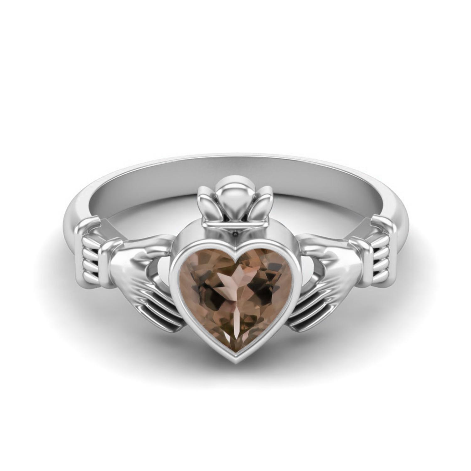 Irish Claddagh 6mm Heart Smoky Quartz 925 Sterling Silver Solitaire Women Promise Ring 8