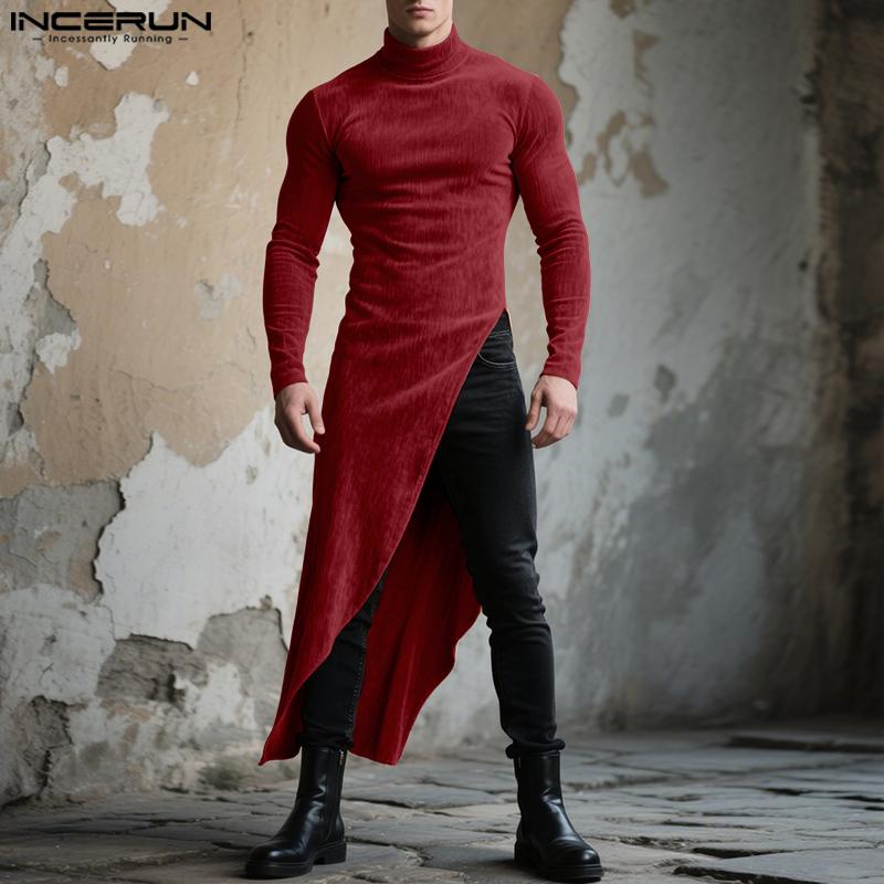INCERUN Autunno Uomo Dolcevita Manica Lunga Spacchi Alti Tunica Top Pullover
