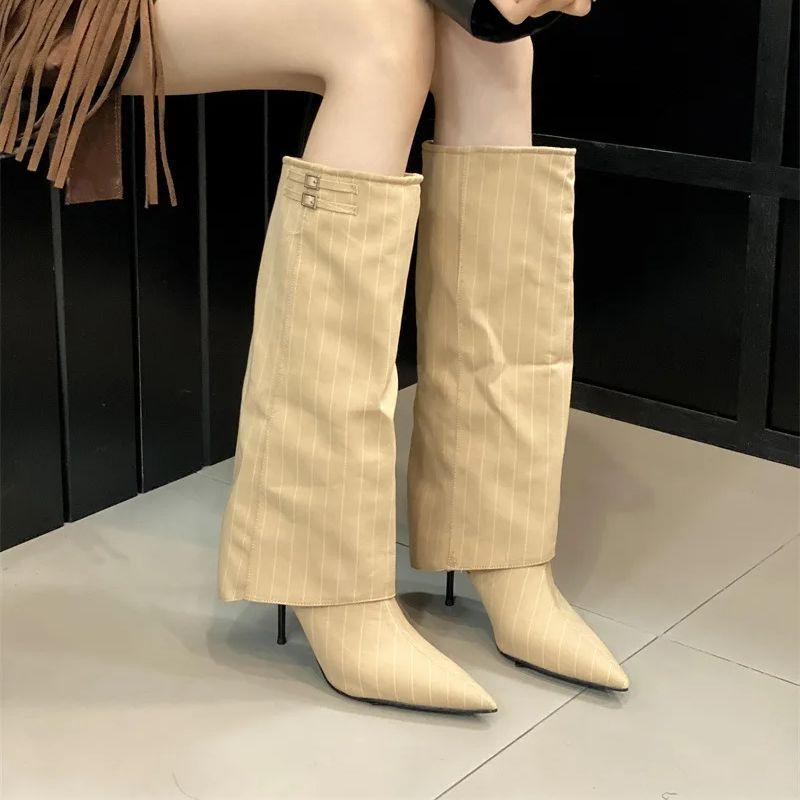 Fashion IPPEUM Women Knee High Boots Thin Heel Denim Point Toe Winter Retro Shoes Botas Mujer