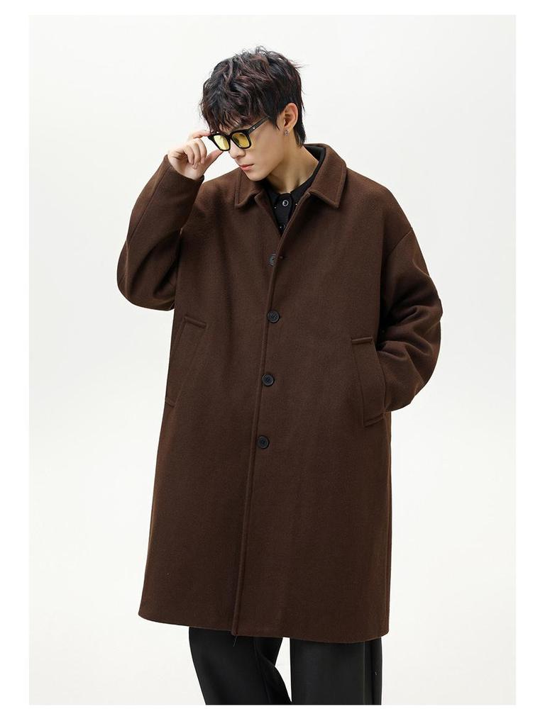 Men's Mid-Length Wool Coat - Dragon & Phoenix Design, Autumn/Winter Korean Style, Thick Windbreaker, Loose Fit, Trendy Brand Lapel Jacket.