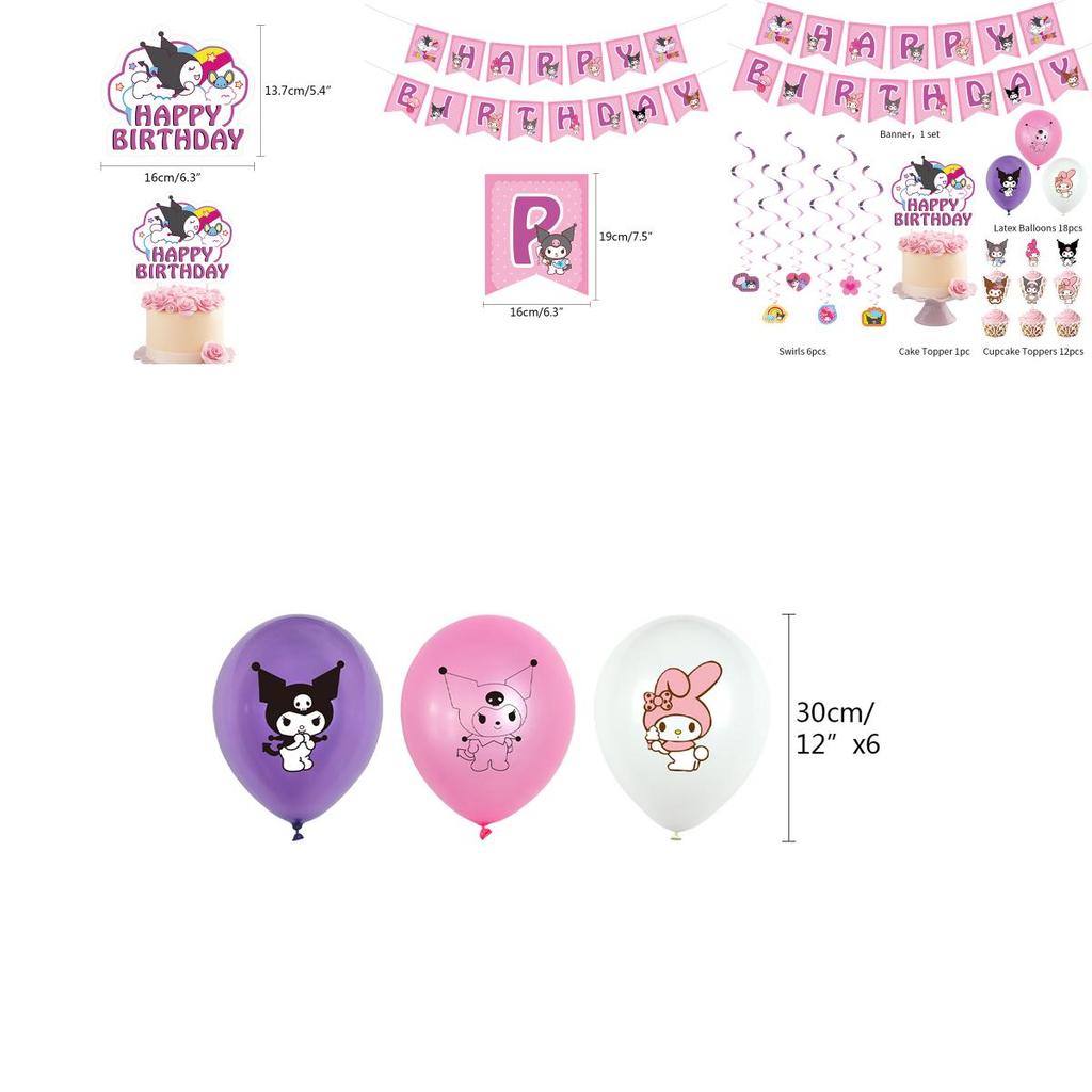 Kuromi Themed Birthday Party Decor Supplies Set With Flag Cake Spiral Balloon And Bright Colorful Toppers