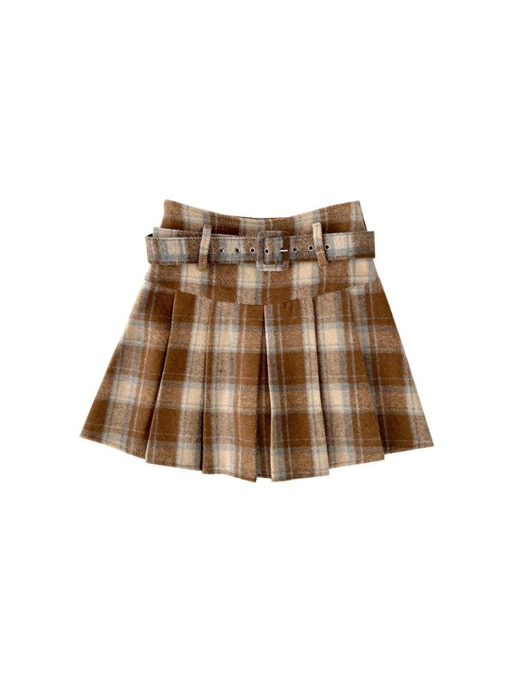 Wool Plaid High Waist Pleated Mini Skirt - Plus Size, Retro Korean Style, Women's Winter Fashion