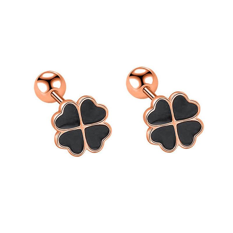Black Love Clover Earrings Screw Earrings Women'S Small Delicate Epoxy Lucky Grass Earbone Nails