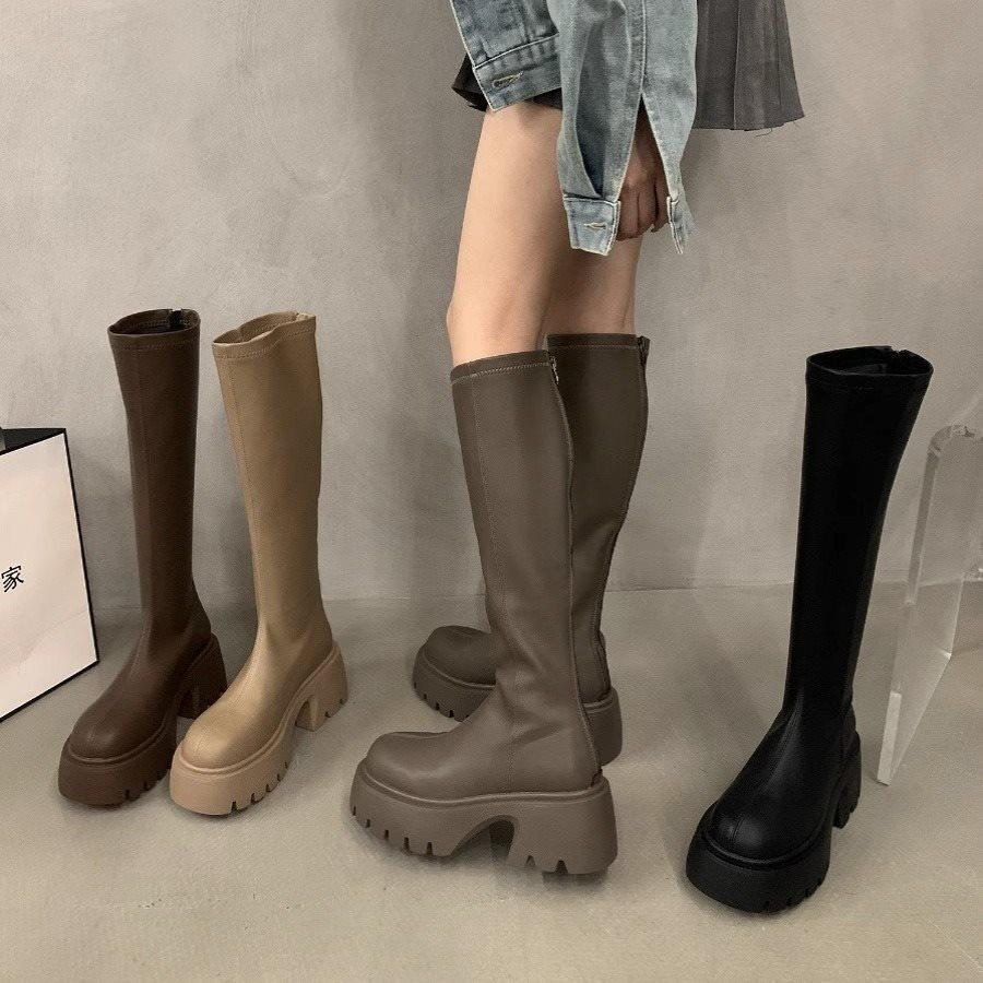 Fashion 2025 New New Round Head Thick Sole Retro Heightening Mid-calf Boots with Velvet Warm and Comfortable Fashion Show Boots
