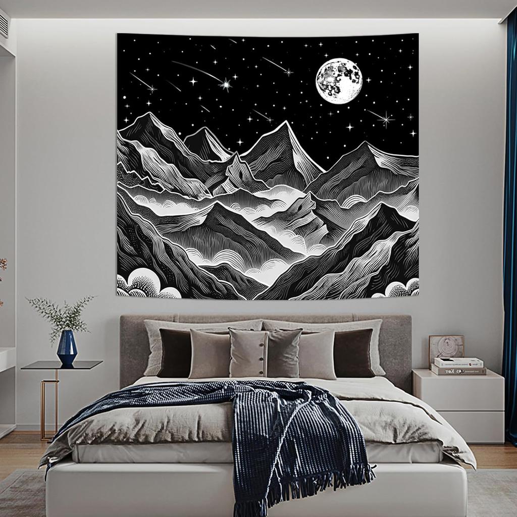 Black and White Tapestry Starry Night Mountain Tapestries for Bedroom Aesthetic Moon and Stars Tapastry's Wall Hanging Dark