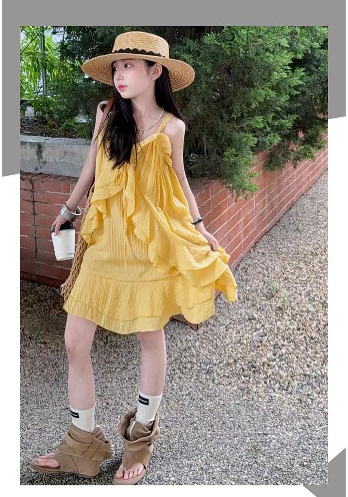 Girls' Ruffle Strappy Midi Dress - 2026 Summer Beach Style for Older Children