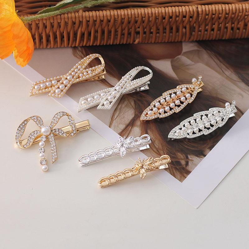 Bow Pearl Hairpin Women'S Leaf-Shaped Bangs Clip, Forehead Broken Hair Card Duck Bill Clip Side Hair Accessories