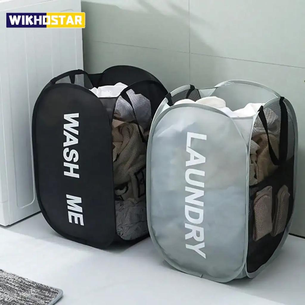 Easy to Carry Mesh Pop Up Laundry Hamper Wide Opening Breathable Collapsible Space-saving Laundry Basket Dorm Travel Bathroom Items